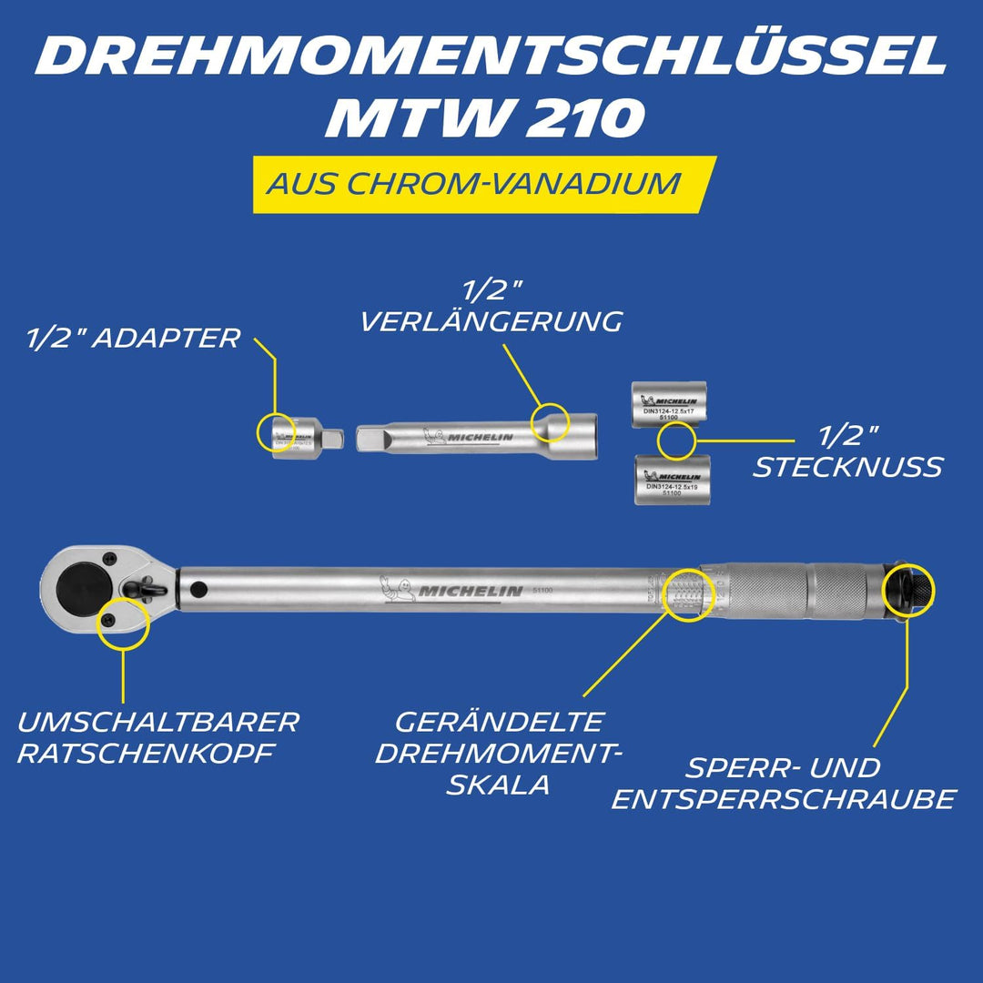 MICHELIN Drehmomentschlüssel MTW 210 Auto | Drehmoment 42 bis 210 Nm | Inkl. Stecknüssen, Adapter un