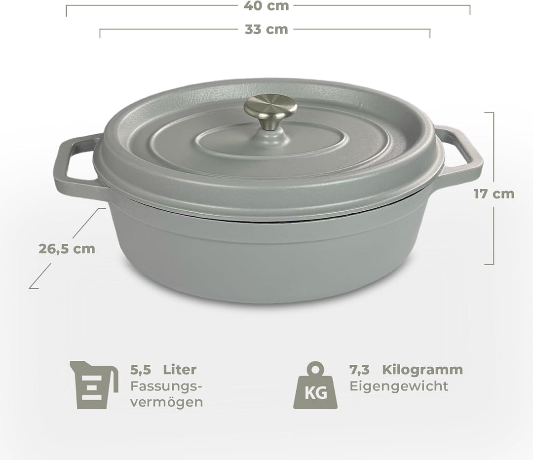osoltus Bräter oval Gusseisen Schmortopf mit Tropfdeckel hellgrau 33 cm oval Hellgrau, oval Hellgrau