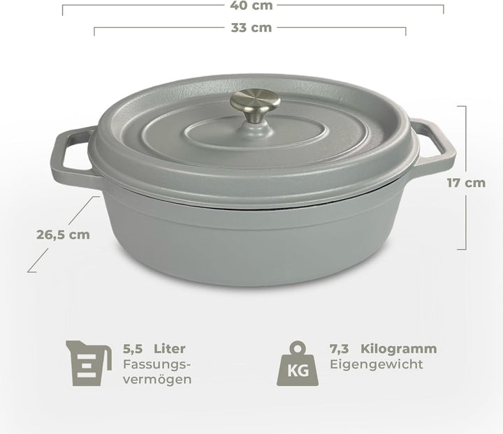 osoltus Bräter oval Gusseisen Schmortopf mit Tropfdeckel hellgrau 33 cm oval Hellgrau, oval Hellgrau