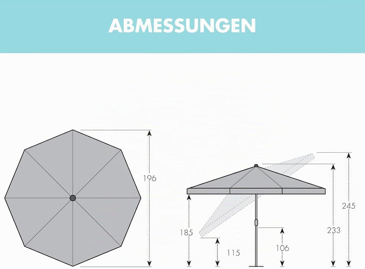 derby Sonnenschirm 200 in Hellblau I Runder Sonnenschirm für Strand sowie Balkon &amp; Terrasse I Schirm