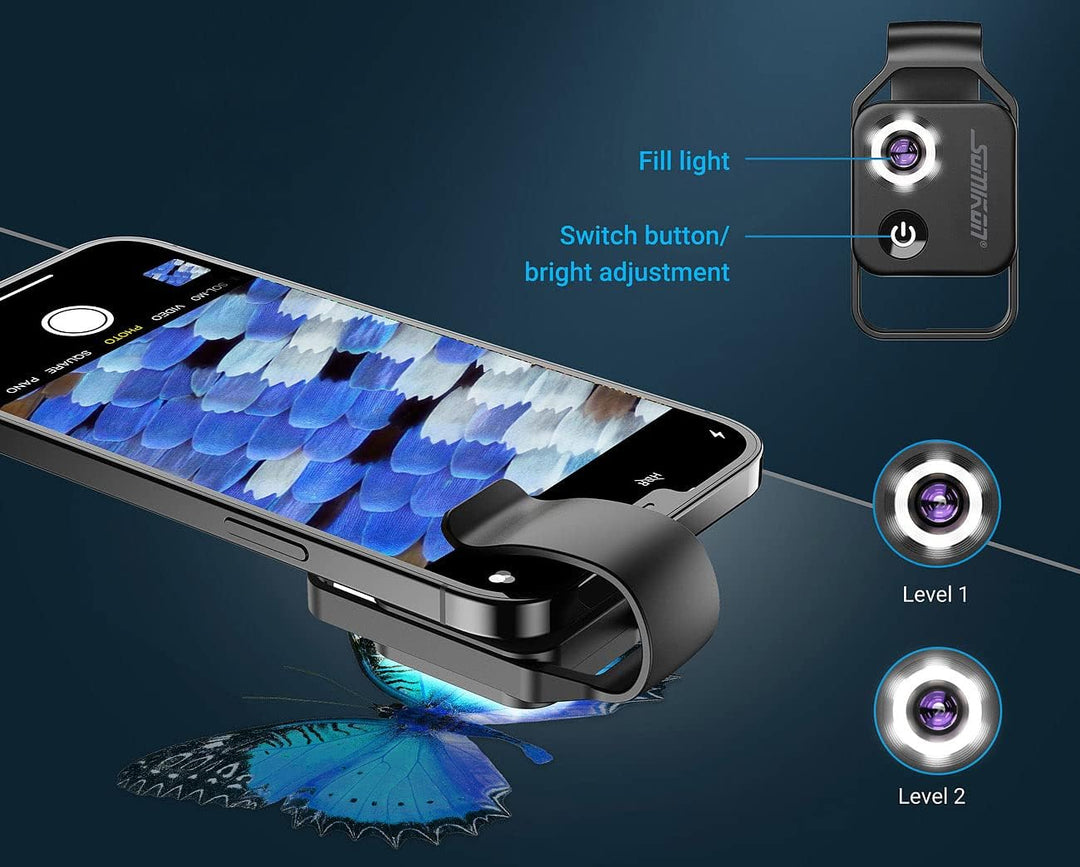 Somikon Handylupe: Mikroskop-Vorsatzlinse für Smartphones, 200-fache Vergrösserung, 6 LEDs (Microsco