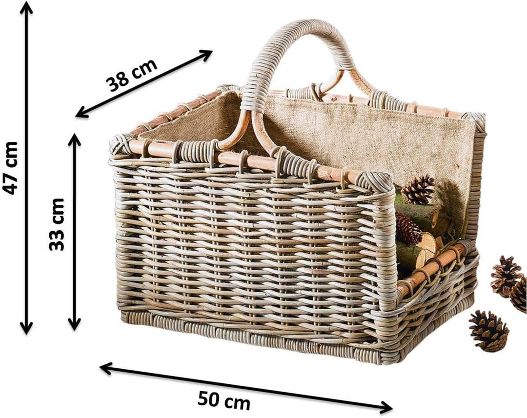 Kobolo Kaminholzkorb Holztrage Rattan grau mit abnehmbarem