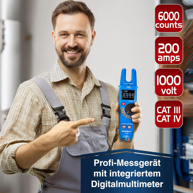 PeakTech 1700 – TRUE RMS Gabelstromzange 200 A AC, Spannungsdetektor mit LCD Anzeige, Gabelförmiges