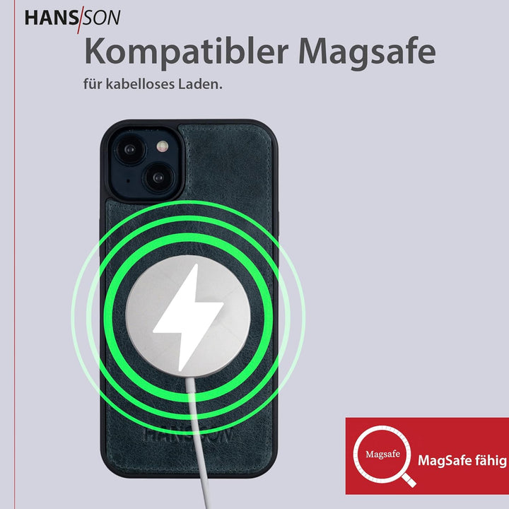 HANS/SON Echtlederhülle in Petrol | iPhone 14 | Schmales Ledercase | Stossfest | Langlebig | 6,1 Zol