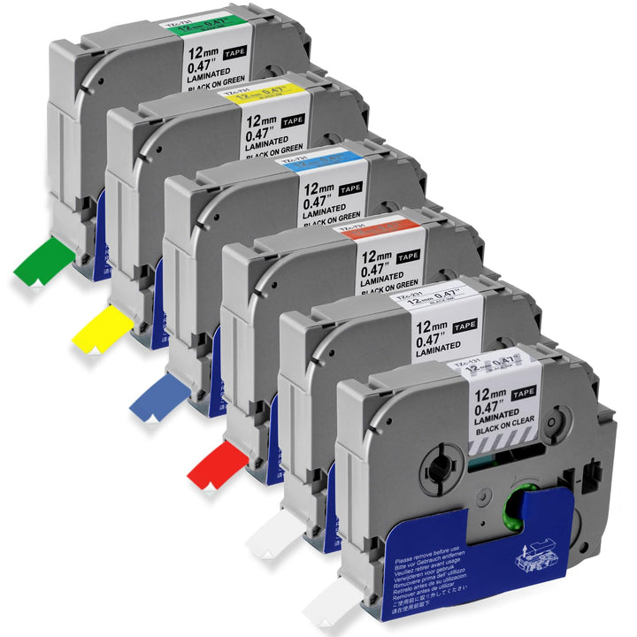 6x Kompatible für Brother P-touch Bänder 12mm TZe-231 TZe-131 TZe-431 TZe-531 TZe-631 TZe-731 TZ Tap