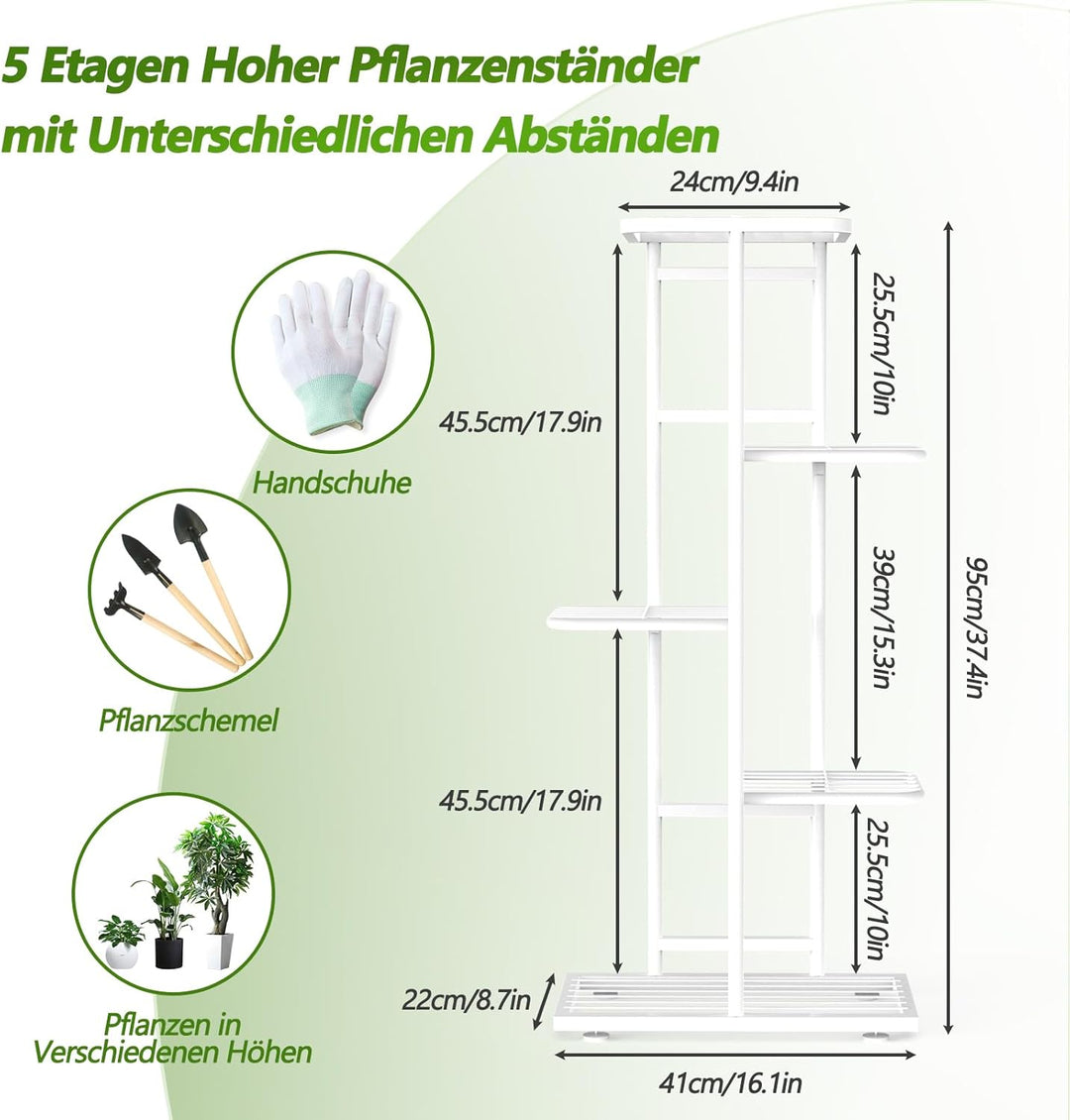 MAIJIAJU 5 Etagen Blumenständer Weiss mit Gartengeräte und Handschuhe, 95cm Hoch Pflanzenständer Met