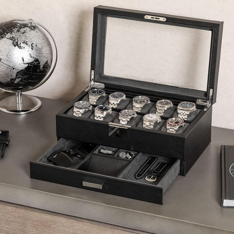 ROTHWELL Leder-Uhrenbox mit 10 Fächern, Luxus-Uhrenetui, Display-Organizer, abschliessbarer Schmuck-