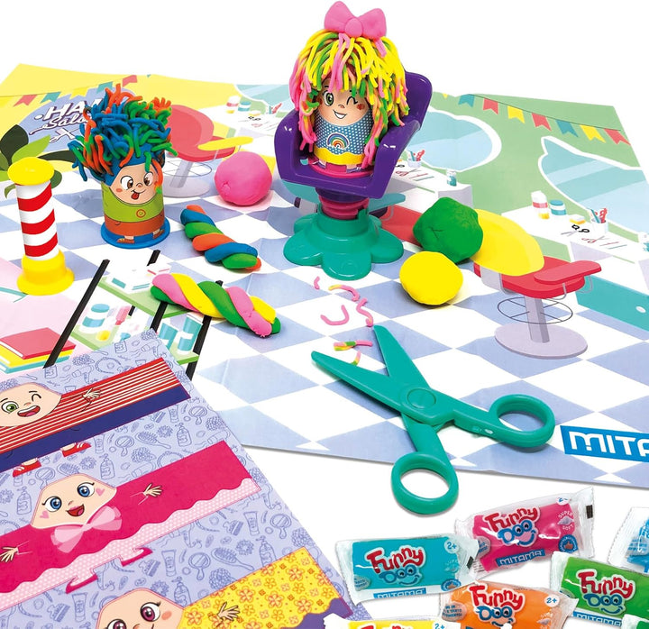 Mitama Funny Doo – Friseur-Spielset mit 15 Dosen Knete, Knetwerkzeug, Zubehör und Aufklebern, kreati