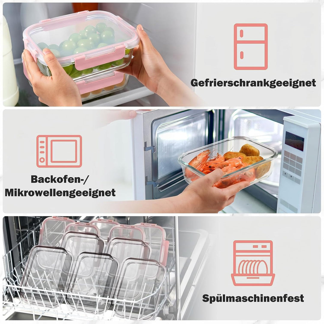 YASHE Glasbehälter mit Deckel, 10 Teile Stapelbar & Luftdicht Meal Prep Boxen Glas für Spülmaschine,