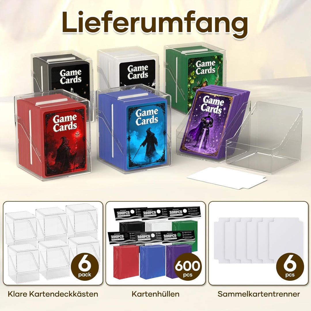 6 Stück Card Deck Boxen, Transparent Commander Kartenbox mit 600Pcs Kartenhüllen und Kartentrenner,