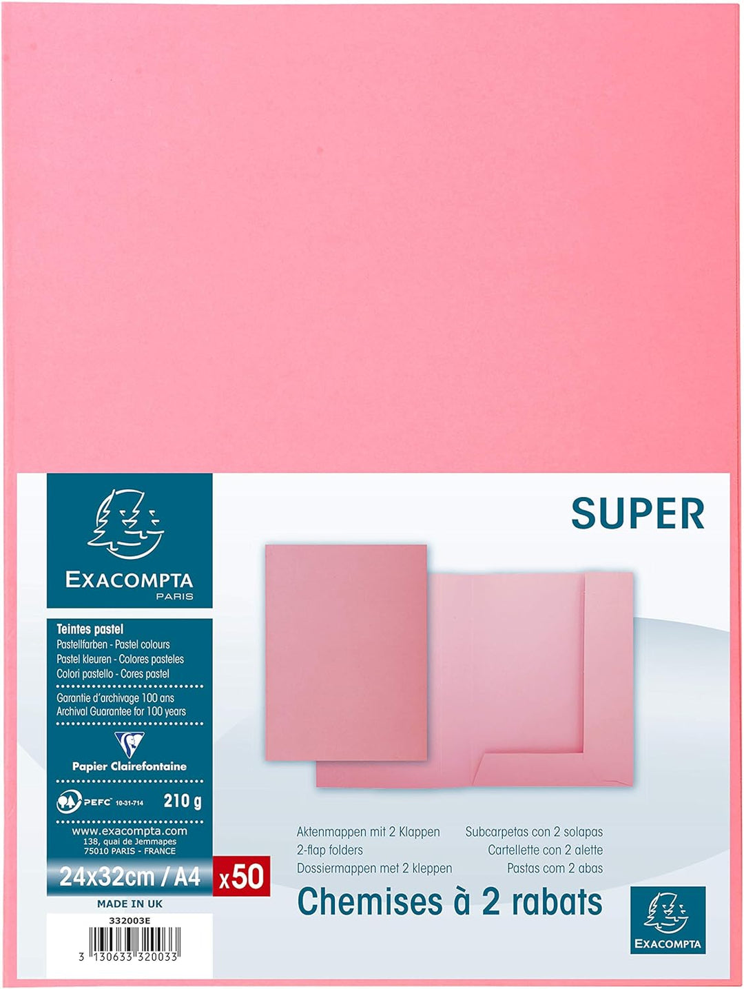 Exacompta Super 250 PACK 50 Hemden für A4 2 Klappen 24 x 32 cm 24 x 32 Rose, Rose