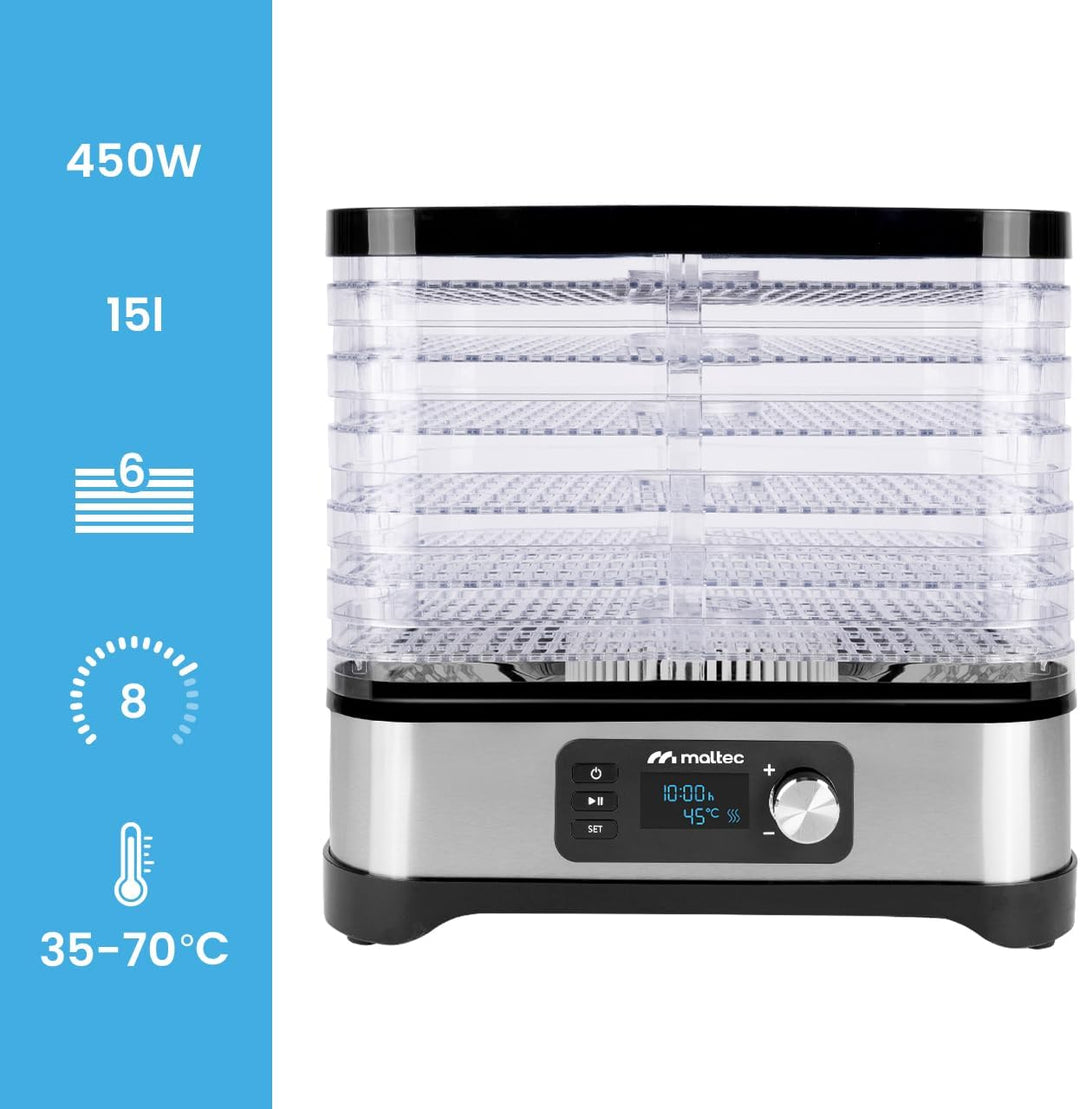 MalTec Dörautomat mit Timer Dörrgerät 450W Lufttrockner mit 5 Ebene für Lebensmittel Pilzen/Fleisch/