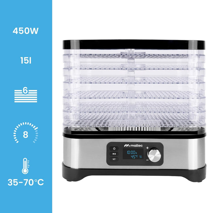 MalTec Dörautomat mit Timer Dörrgerät 450W Lufttrockner mit 5 Ebene für Lebensmittel Pilzen/Fleisch/