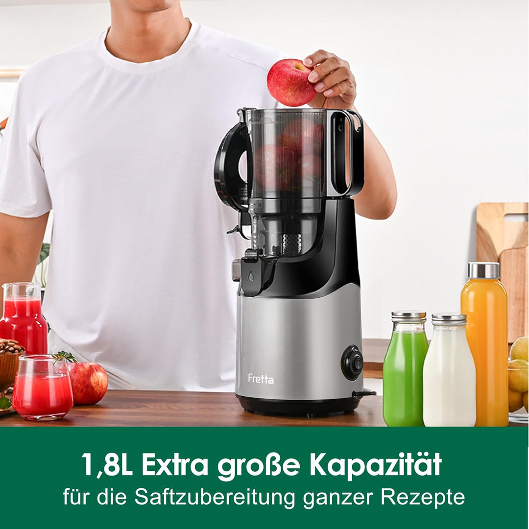 Fretta Entsafter Slow Juicer mit 135mm Öffnung,Entsafter Gemüse und Obst,250W Mastizier-Entsafter mi