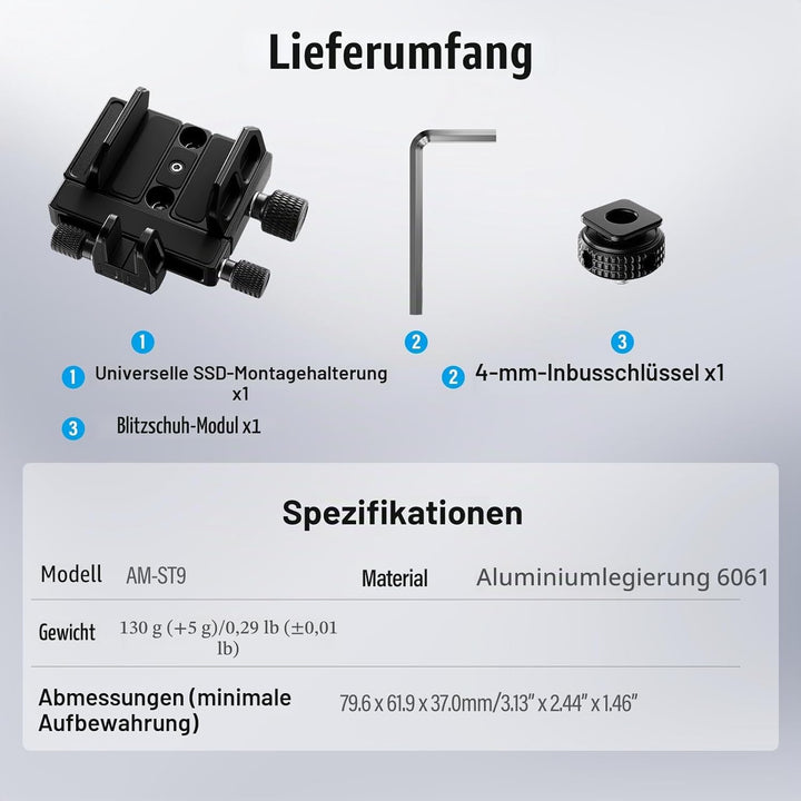 SIRUI Montagehalterung SSD Mount Bracket, Universeller SSD-Halter mit Kaltverschluss und USB-C-Kabel