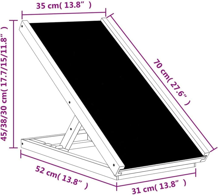 Hunderampe Grau aus massivem Tannenholz 70x35 cm, höhenverstellbar 30-45 cm, rutschfest, klappbar, s