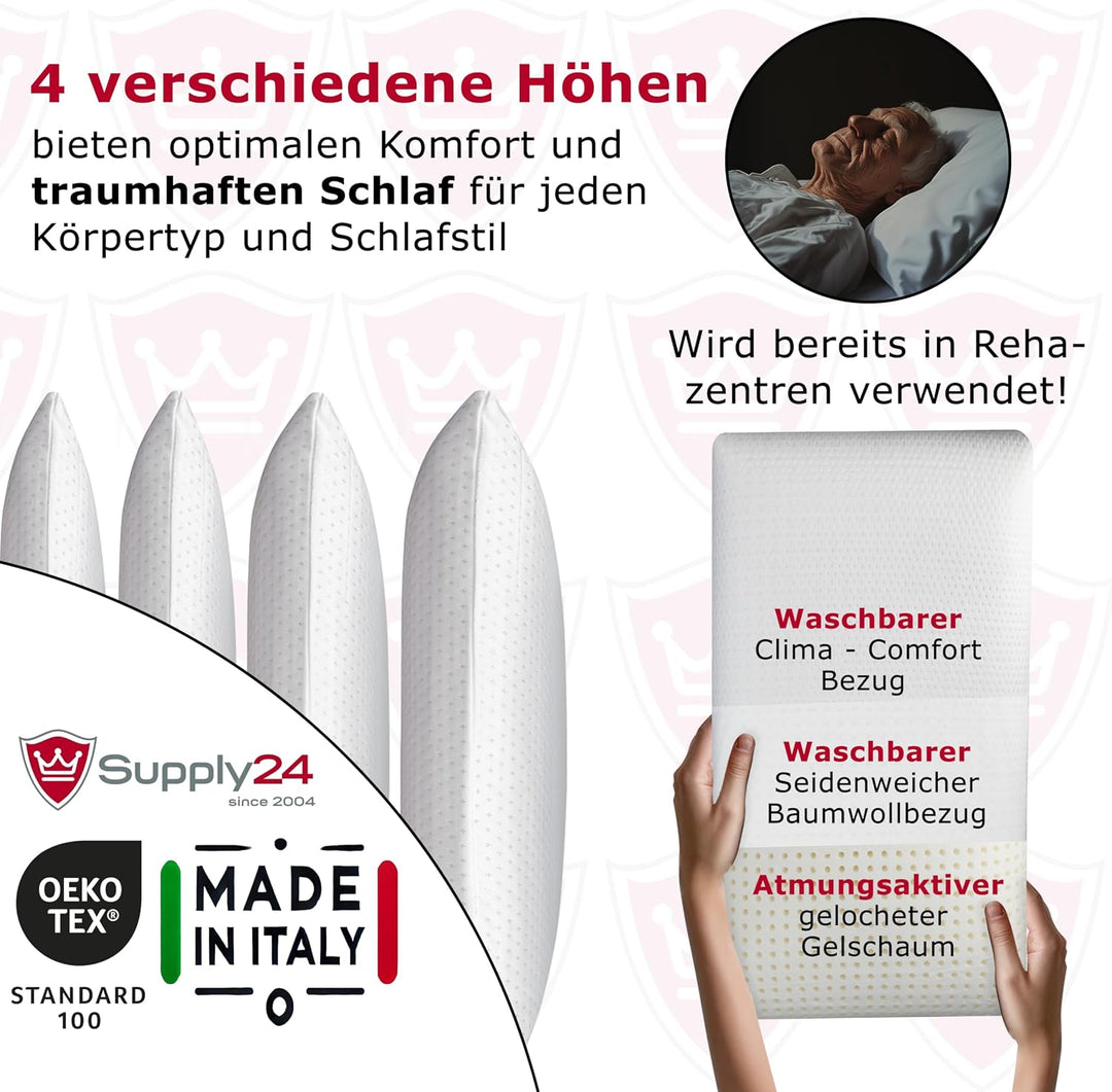 Supply24 since 2004 Orthopädisches 80x40 cm Gelschaum Kopfkissen – Made in Italy | Atmungsaktiv mit