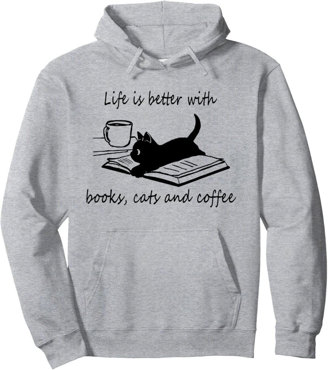 Life Is Better With Books Cats And Coffee - black cat lover Pullover Hoodie