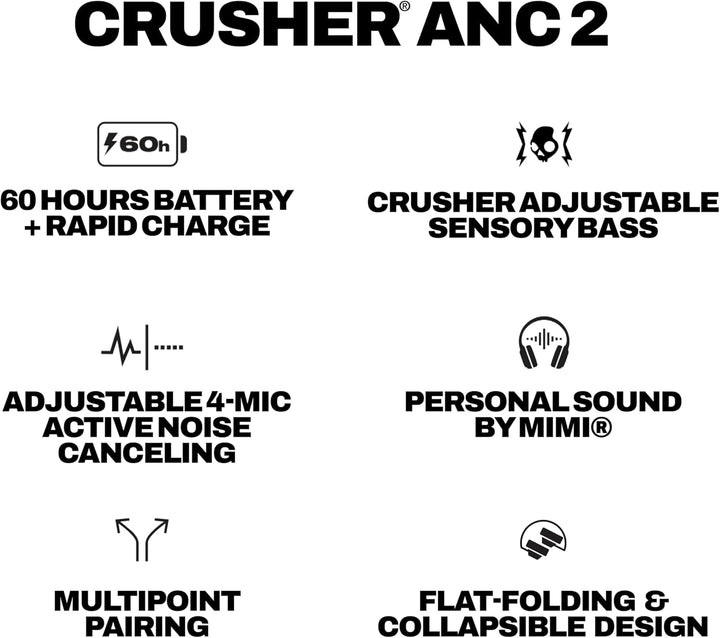 Skullcandy Crusher ANC 2 Wireless Bluetooth Over-Ear-Kopfhörer, Multisensorischem Bass, Active Noise