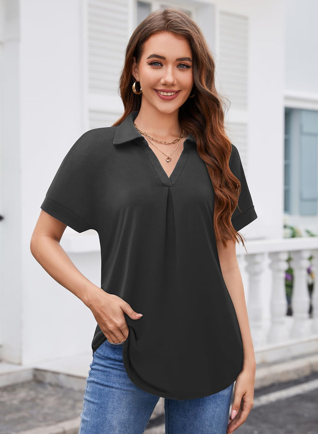 Siddhe Damen V-Ausschnitt Bluse 3/4 Ärmel Oberteile Tunika Tops Locker Longshirt Lässige T-Shirt Lan