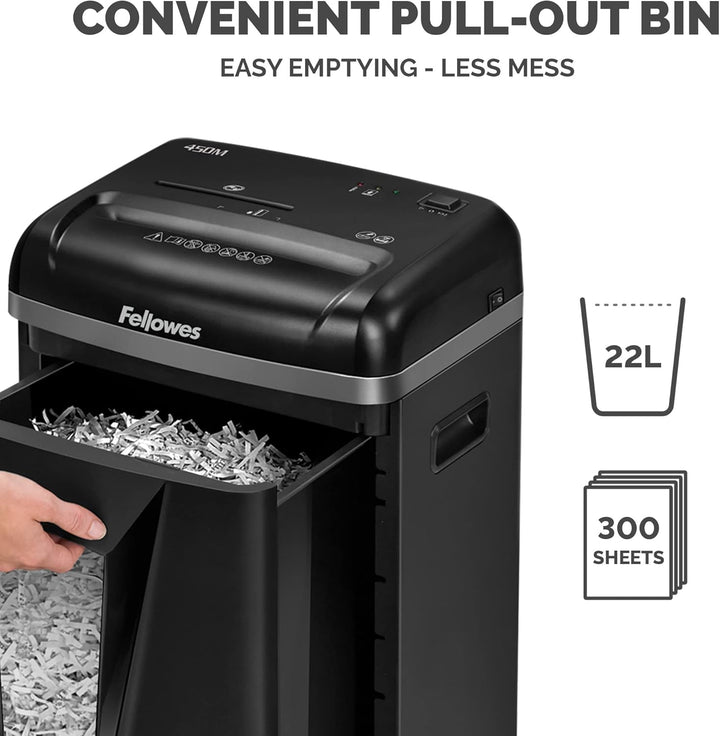 Fellowes 4074101 Aktenvernichter 450M 1-3 Benutzer, hohe Privatsphäre, Mikroschnitt, 22 l ausziehbar