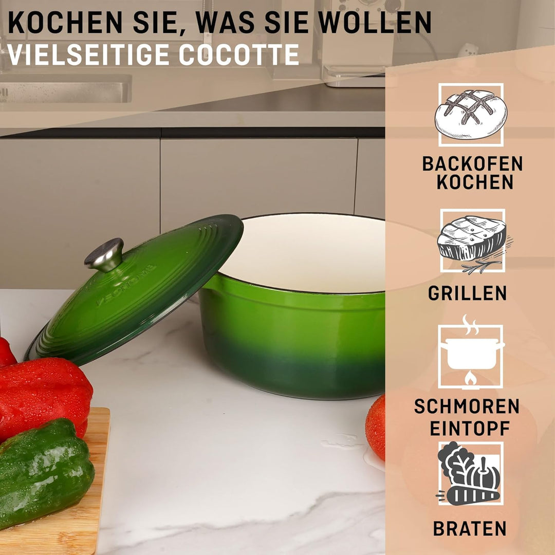 VeoHome Gusseisentopf 6L | Bräter | Gusseisen Topf Grün - Schmortopf |Bratentopf | Bratpfanne | Koch
