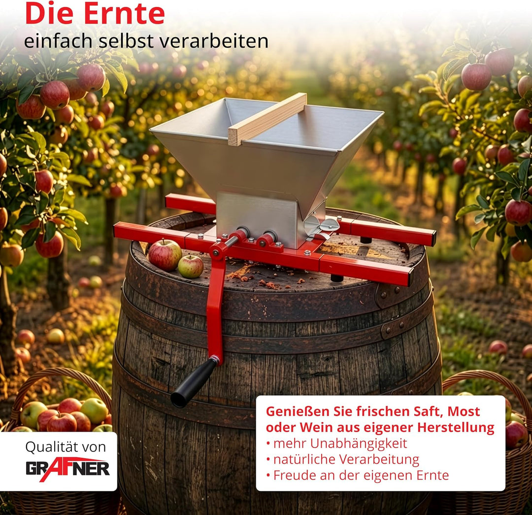 Grafner Obstmühle 7 Liter, Massive Ausführung mit Handkurbel, Apfelpresse Beerenmühle Traubenmühle S
