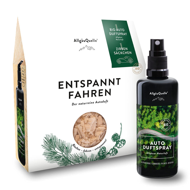 AllgäuQuelle® Bio Auto-Duft-Set ENTSPANNT Fahren | Lufterfrischer: Duftspray & Zirben-Säckchen als n