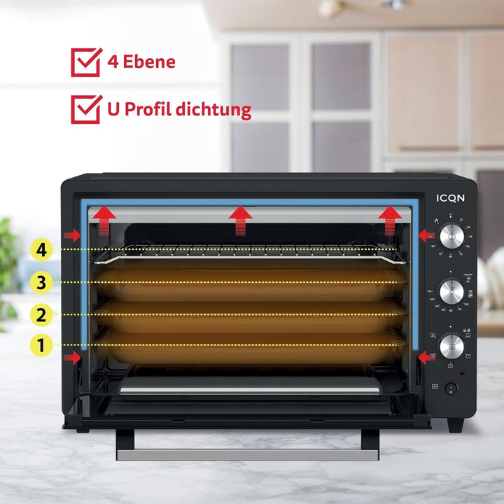 ICQN 60 Liter XXL Minibackofen, 1800 W, Umluft, Pizza-Ofen, Doppelverglasung, Drehspiess, Timer, ink