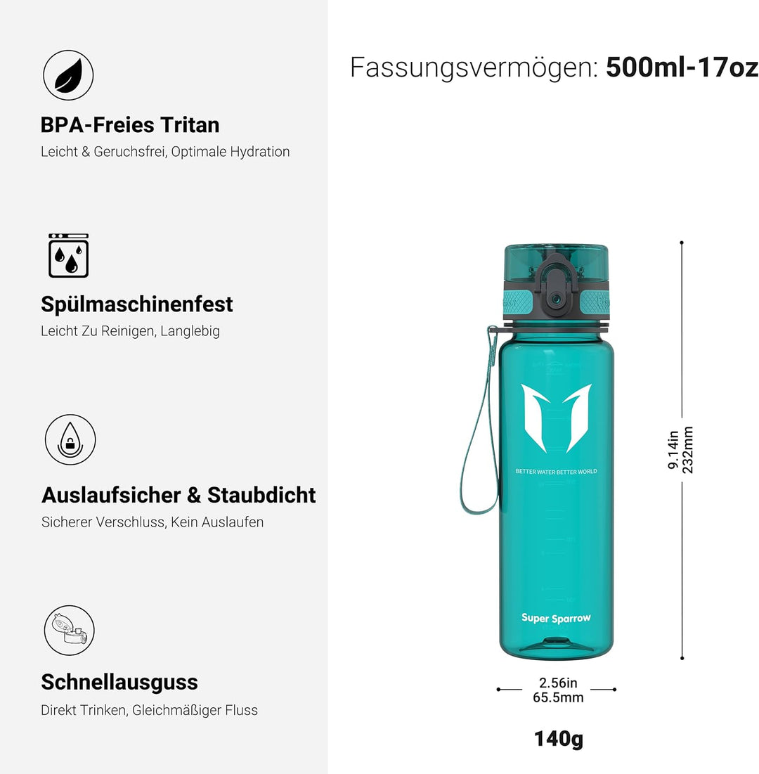 Super Sparrow Trinkflasche - Tritan Wasserflasche - 350ml, 500ml, 750ml, 1000ml - BPA-frei - Ideale
