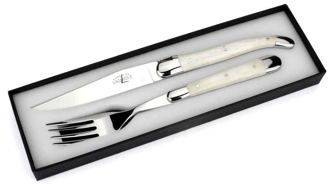 Forge de Laguiole - Steakbesteck - Griff Knochen - Besteck Frankreich - Steakmesser und Gabel - Stah