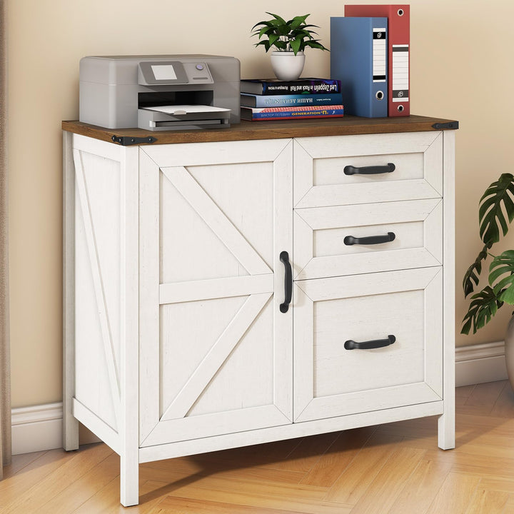 BonVache Aktenschrank mit 3 Schubladen &amp; Tür, Landhausstil Schubladenschrank aus Holz, Weisser Büros