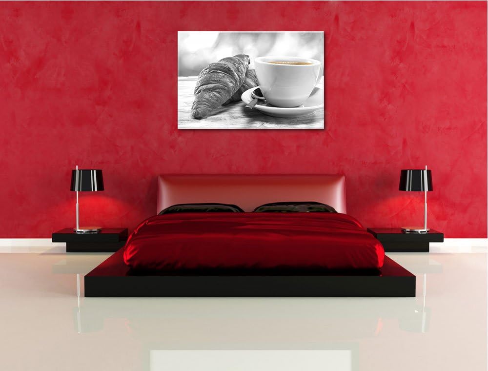 Croissants und Kaffee schwarz/weiss Format: 100x70 auf Leinwand, XXL riesige Bilder fertig gerahmt m