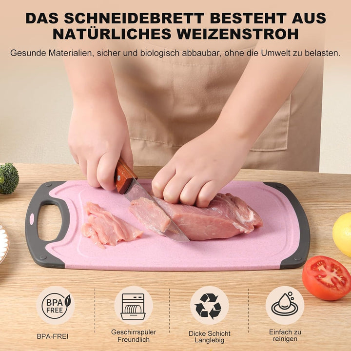 Schneidebrett Set 3 Stück Weizenstroh Küche Schneidebretter BPA Frei mit Saftrillen Leicht Zu Greife