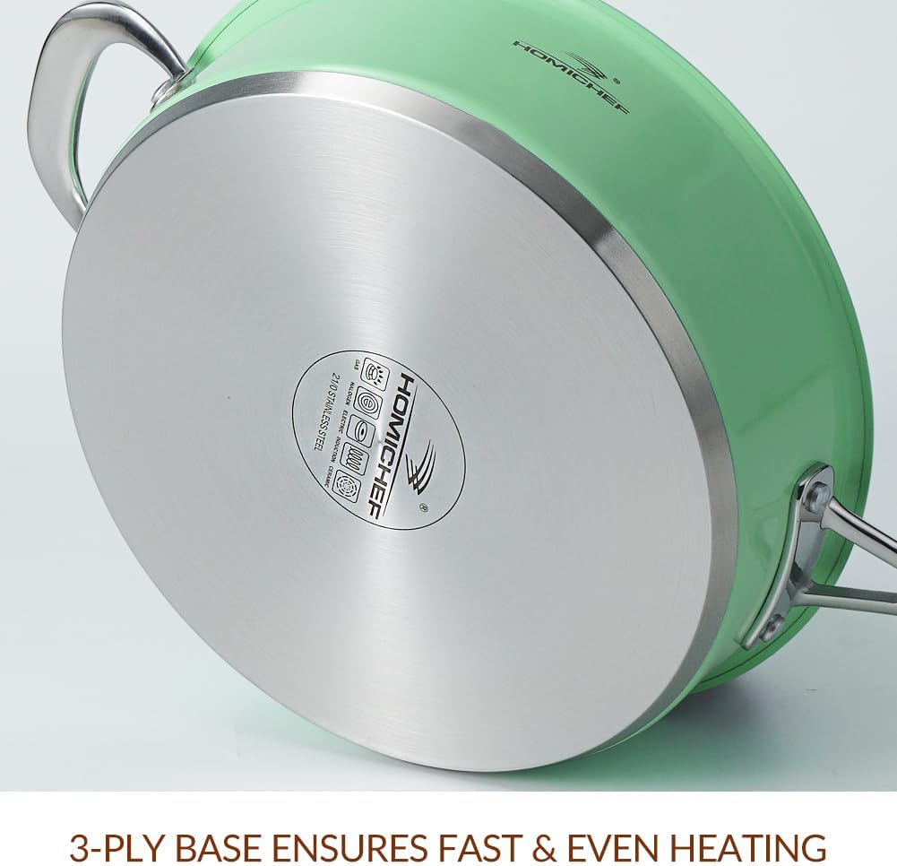 HOMICHEF 24 cm Mintgrün Nickel Frei Edelstahl Sauteuse mit Glasdeckel - 2,36 L ungiftig tief Bratpfa