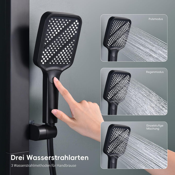 HOMELODY Duschsystem mit Thermostat und Glasablage Schwarz - Duscharmatur Komplettset mit 30x20 cm R