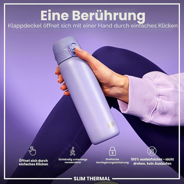 ION8 Vakuumisolierte Edelstahl-Trinkflasche, 500 ml, Auslaufsicher, Einhandöffnung, Sichere Verriege