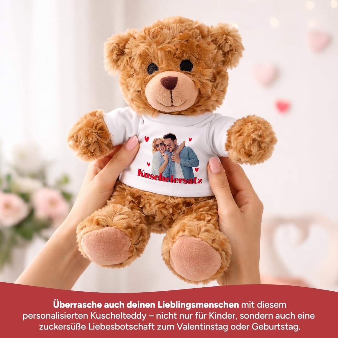 Kuscheltier Teddybär personalisiert – Flauschiges Plüschtier mit weissem T-Shirt zum Bedrucken – Wei
