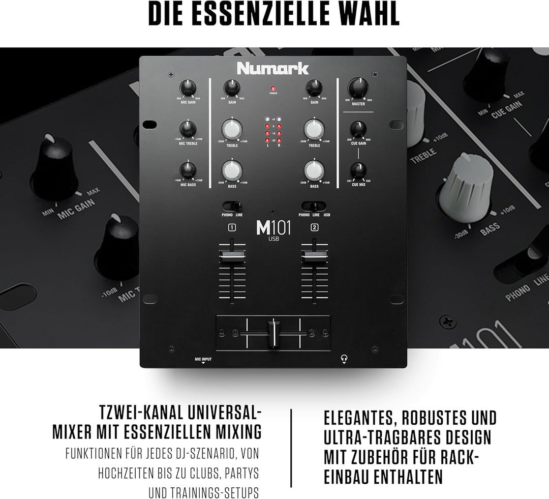 Numark M101USB - 2-Kanal DJ-Mixer, Rack-montierbar mit 2-Band EQ, integriertem Audio Interface, Mikr