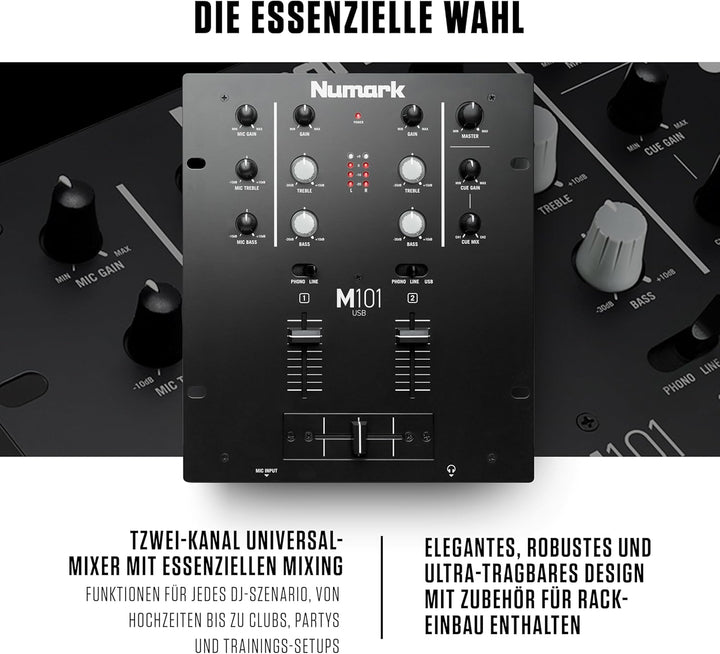 Numark M101USB - 2-Kanal DJ-Mixer, Rack-montierbar mit 2-Band EQ, integriertem Audio Interface, Mikr