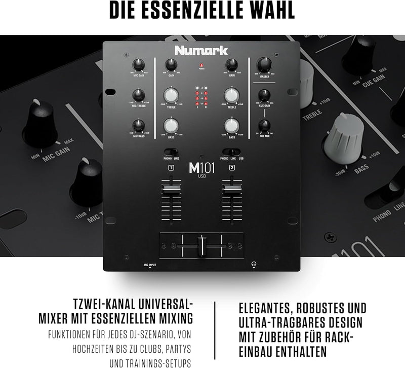 Numark M101USB - 2-Kanal DJ-Mixer, Rack-montierbar mit 2-Band EQ, integriertem Audio Interface, Mikr