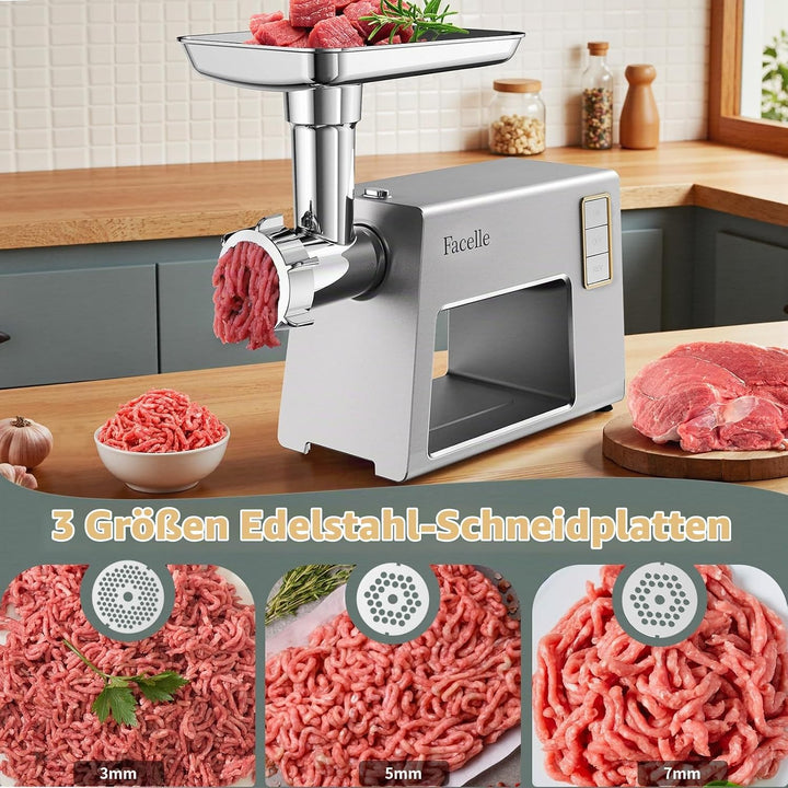 Facelle Fleischwolf Elektrisch Hausgeräte, 2000W mit Edelstahlklingen und 3 Edelstahl Lochscheiben,