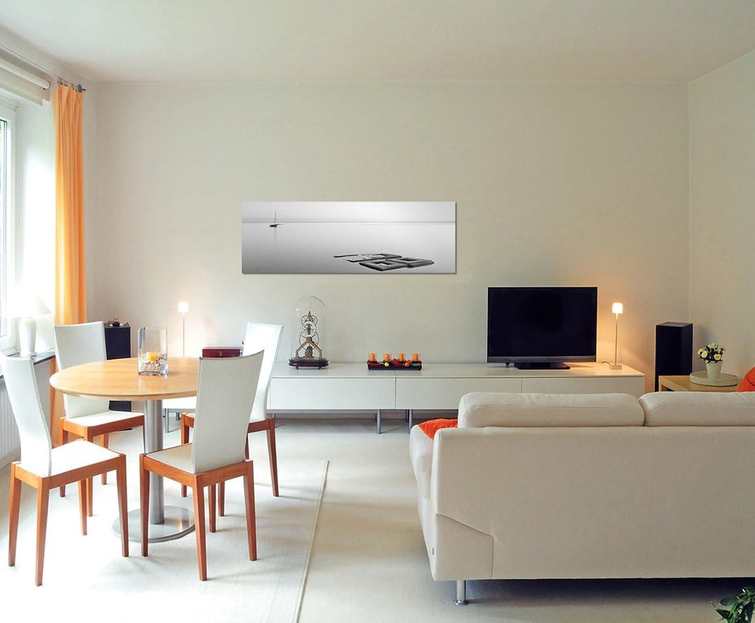 Paul Sinus Art Panoramabild auf Leinwand und Keilrahmen 120x40cm Meer Steine Boot minimalistisch