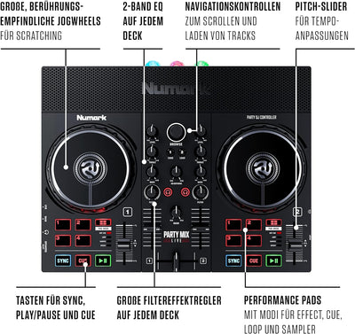 Numark Party Mix Live + HF 125 – DJ Controller Set mit eingebauten Lautsprechern, Lichtshow & Mixer