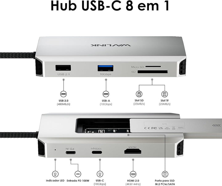WAVLINK USB-C-Hub, 10-Gbit/s USB-C-Hub mit M.2 PCIe/SATA SSD-Anschluss, HDMI, 100-W-PD, USB-A&C 3.2/