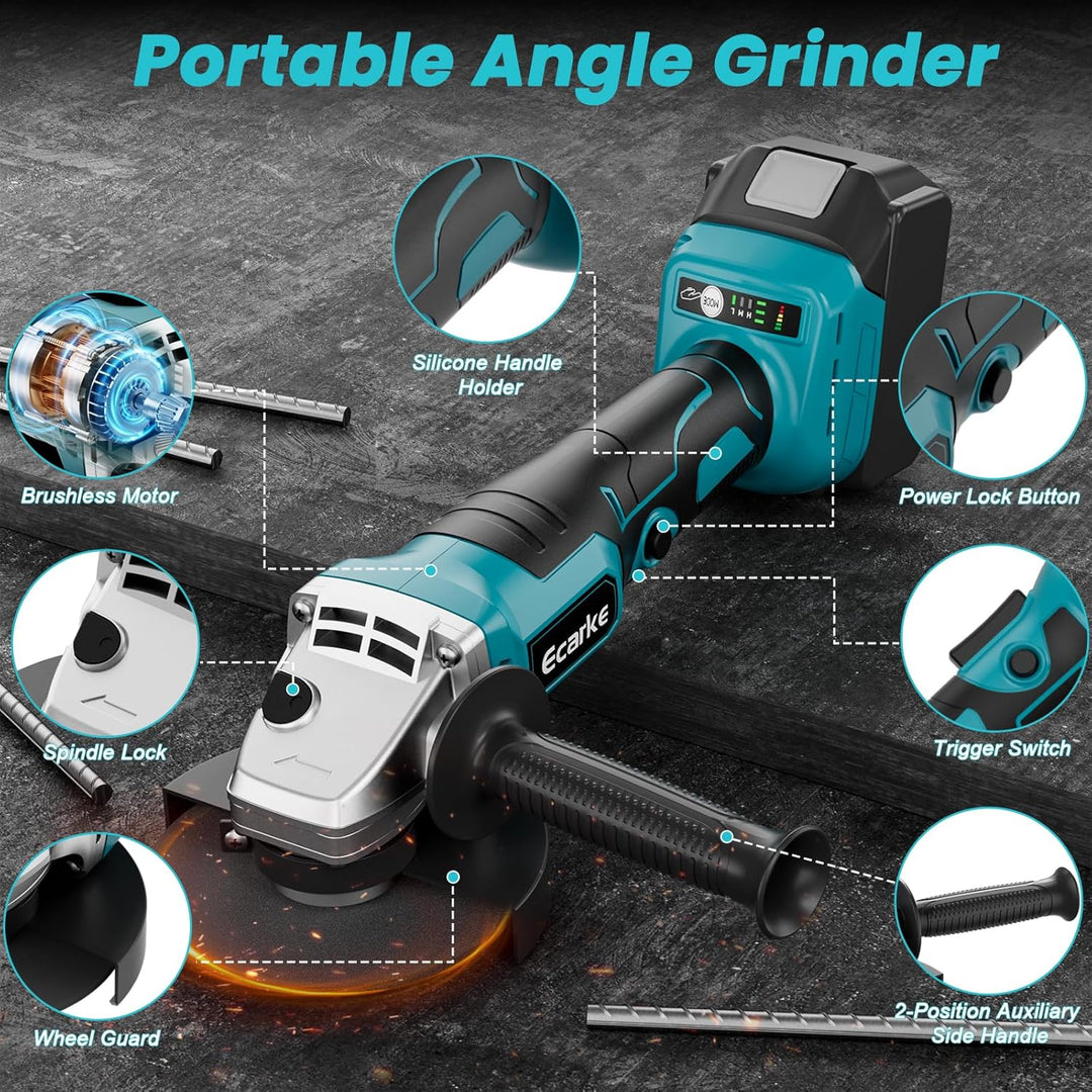 Ecarke Akku Winkelschleifer kompatibel mit Makita Akku 18V Li-Ion, 900W Bürstenloser Profi-Schleifer