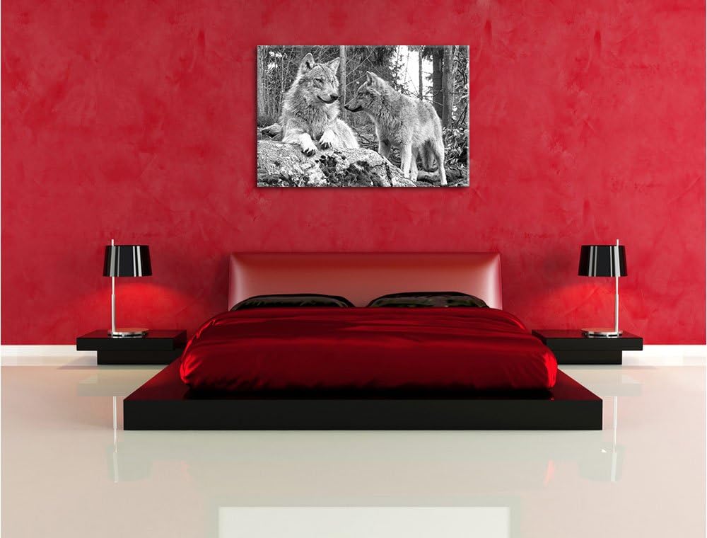 Wölfe im Wald Kunst B&W, Format: 100x70 auf Leinwand, XXL riesige Bilder fertig gerahmt mit Keilrahm