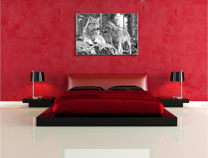 Wölfe im Wald Kunst B&W, Format: 100x70 auf Leinwand, XXL riesige Bilder fertig gerahmt mit Keilrahm