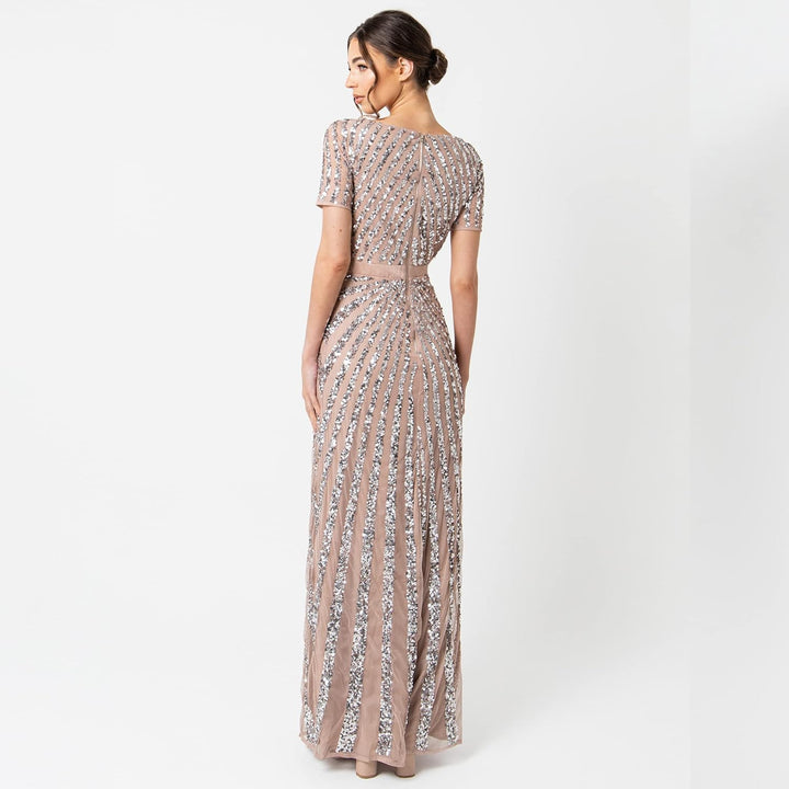 Maya Deluxe Damen Pailletten Maxi Abendkleid Elegant für Hochzeit V-Ausschnitt A-Linien-Schnitt Brau