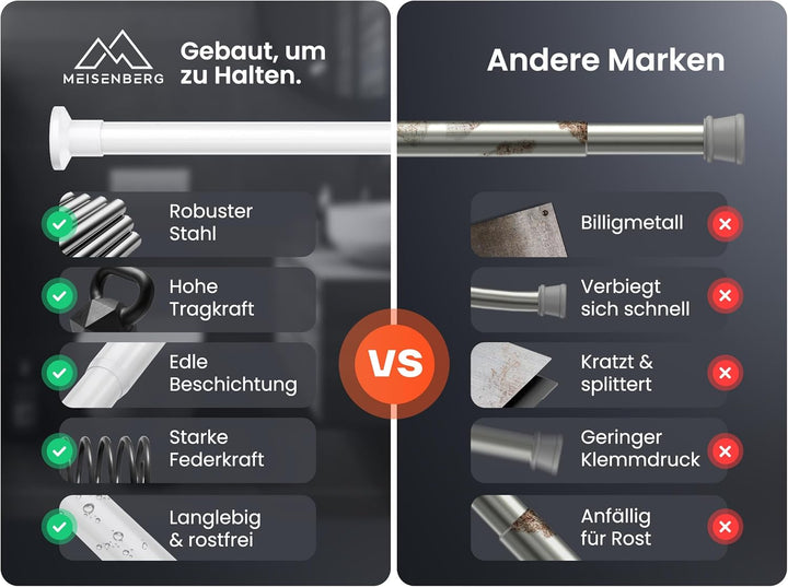 MEISENBERG Vorhangstange ohne Bohren 50-80cm Ø25mm - Gardinenstange zum Klemmen - Weiss - Spannstang